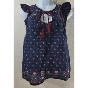 Point Sur Navy Blue Burgundy Floral Tie Keyhole Neck Top XS Lightweight Soft
